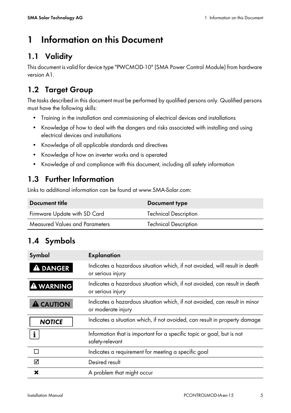 1 information on this document, 1 validity, 2 target group | 3 further information, 4 symbols | SMA 20000TL Installation User Manual | Page 5 / 40