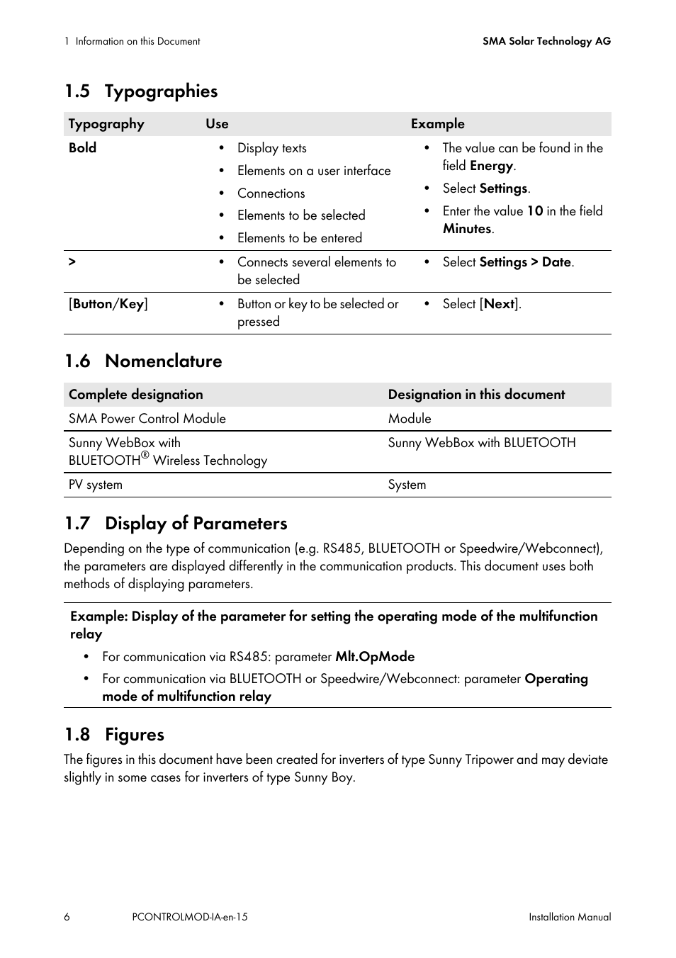 5 typographies, 6 nomenclature, 7 display of parameters | 8 figures | SMA 20000TL Installation User Manual | Page 6 / 40