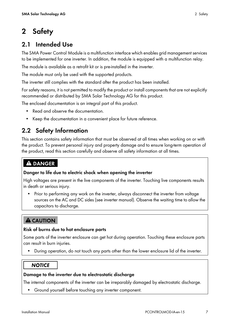 2 safety, 1 intended use, 2 safety information | 1 intended use 2.2 safety information | SMA 20000TL Installation User Manual | Page 7 / 40