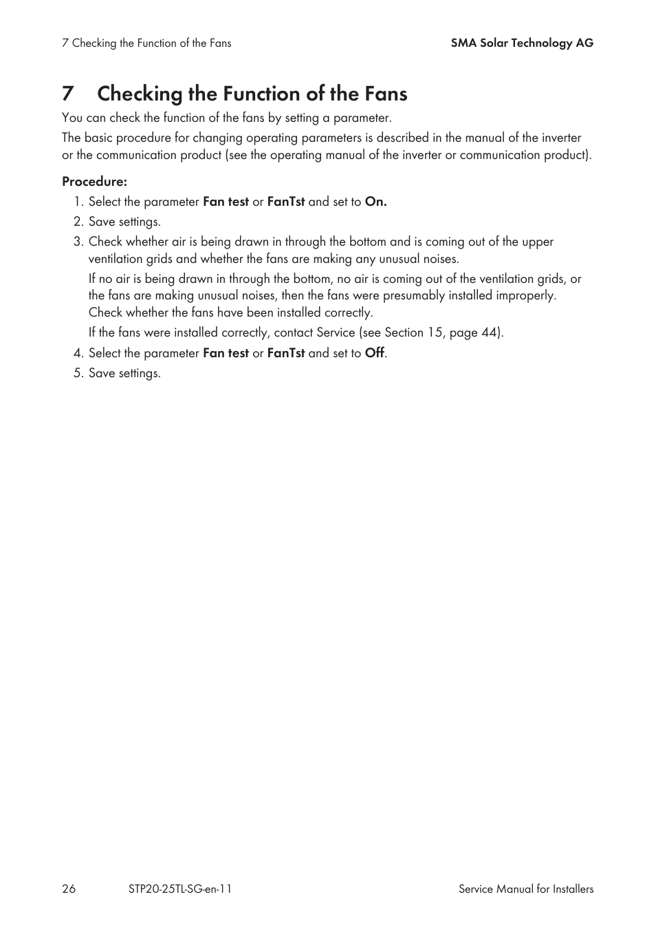 7 checking the function of the fans, Checking the function of the fans, 7checking the function of the fans | SMA 20000TL Service Manual User Manual | Page 26 / 46