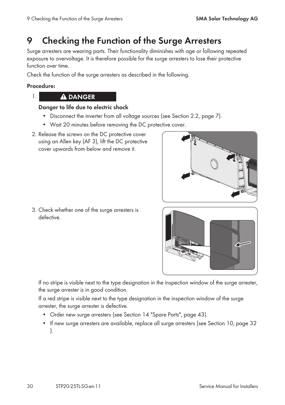 9 checking the function of the surge arresters, Checking the function of the surge arresters, 9checking the function of the surge arresters | SMA 20000TL Service Manual User Manual | Page 30 / 46