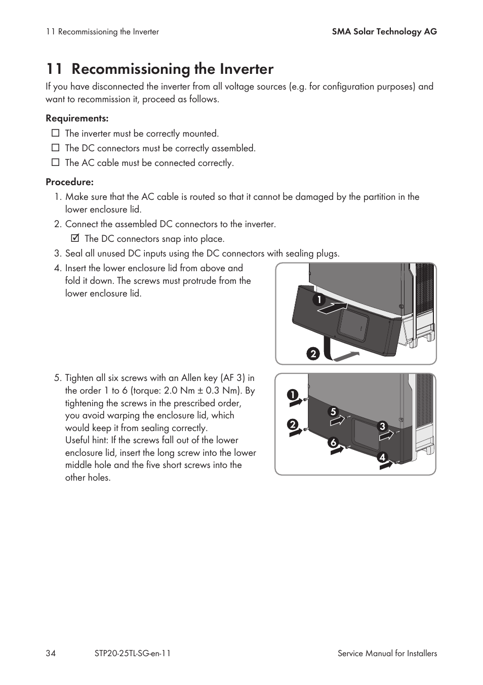 11 recommissioning the inverter | SMA 20000TL Service Manual User Manual | Page 34 / 46