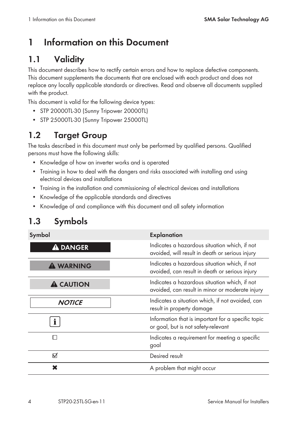 1 information on this document, 1 validity, 2 target group | 3 symbols, Information on this document, Validity, Target group, Symbols, 1information on this document | SMA 20000TL Service Manual User Manual | Page 4 / 46