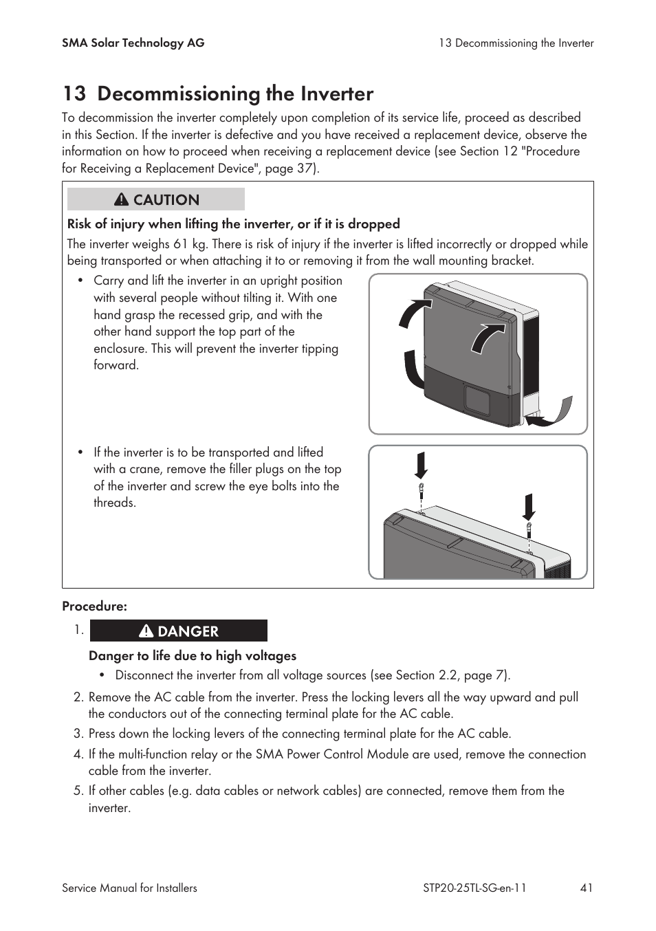 13 decommissioning the inverter | SMA 20000TL Service Manual User Manual | Page 41 / 46