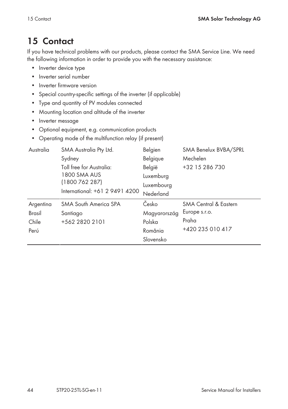 15 contact | SMA 20000TL Service Manual User Manual | Page 44 / 46