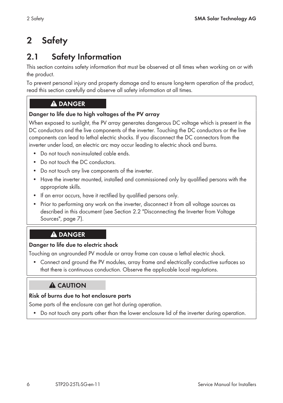 2 safety, 1 safety information, Safety | Safety information, 2safety | SMA 20000TL Service Manual User Manual | Page 6 / 46