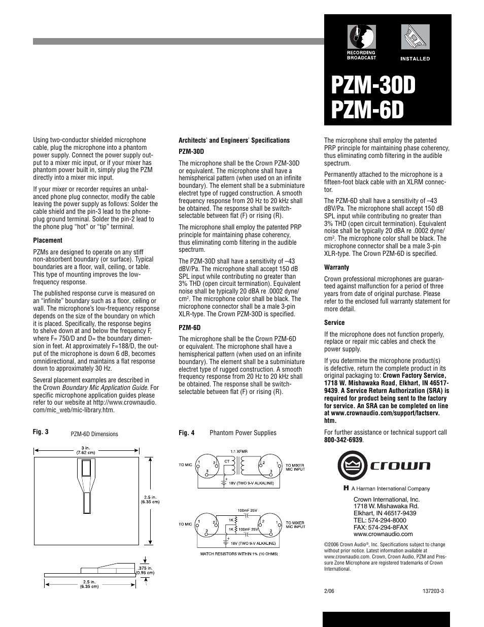 Pzm-30d pzm-6d | Crown Audio PZM-30D User Manual | Page 2 / 2