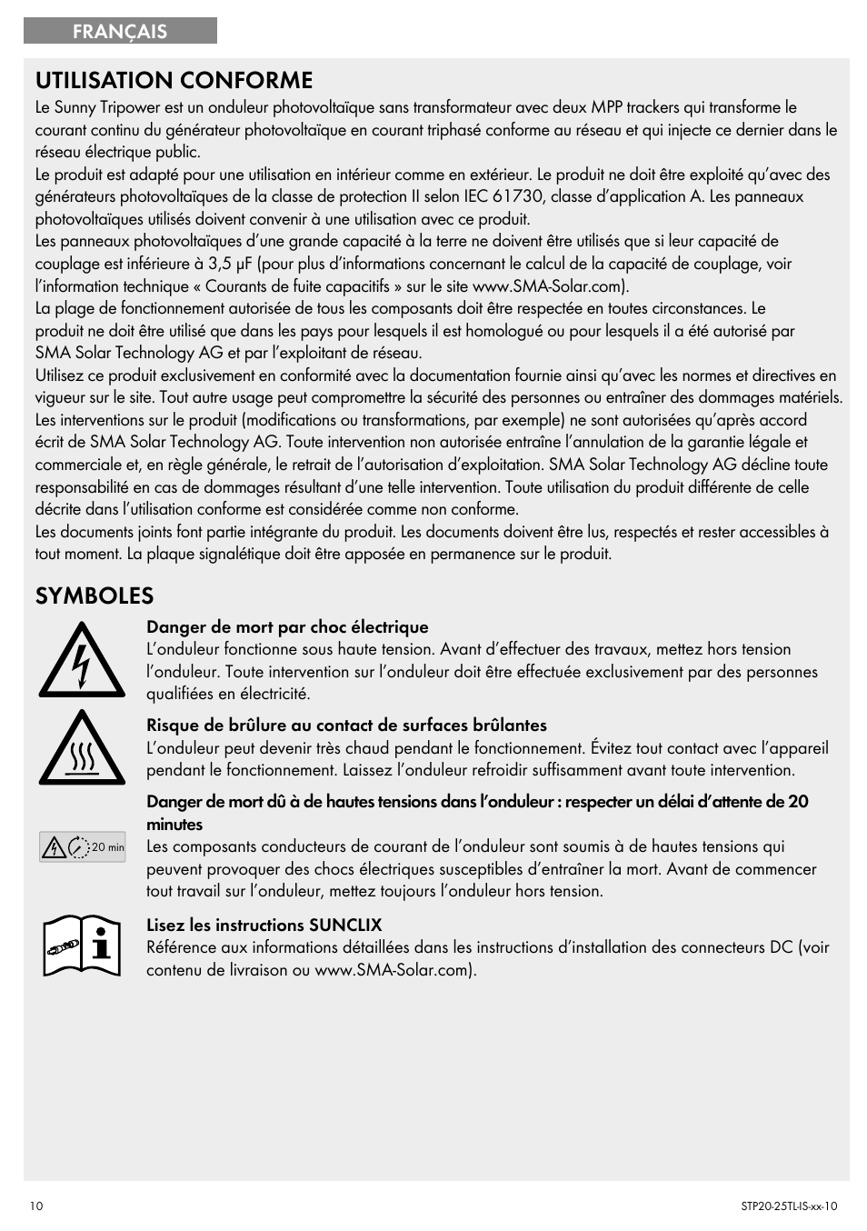 Utilisation conforme, Symboles | SMA 20000TL Quick Installation Guide User Manual | Page 10 / 36