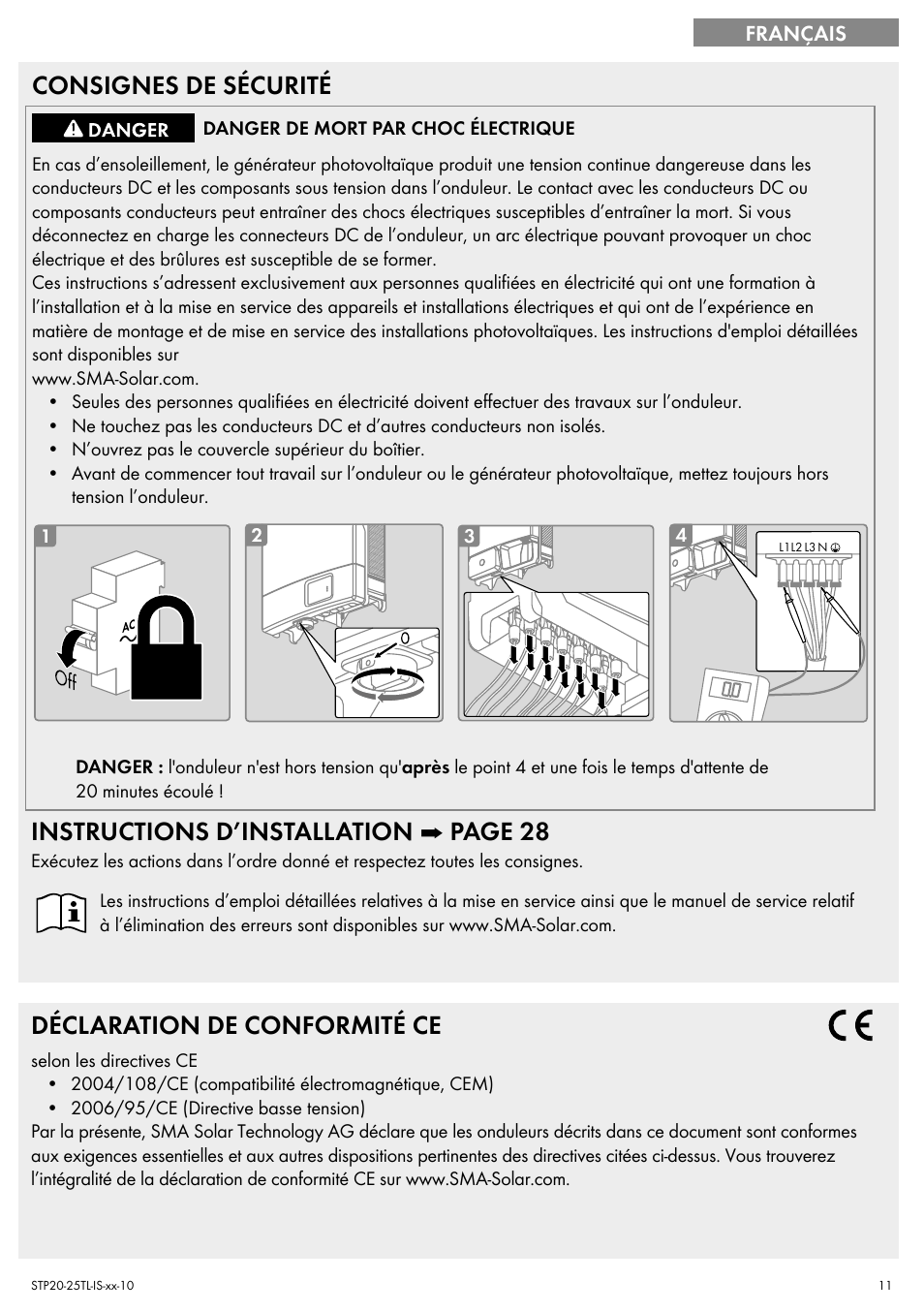 Consignes de sécurité, Instructions d’installation ➡ page 28, Déclaration de conformité ce | SMA 20000TL Quick Installation Guide User Manual | Page 11 / 36