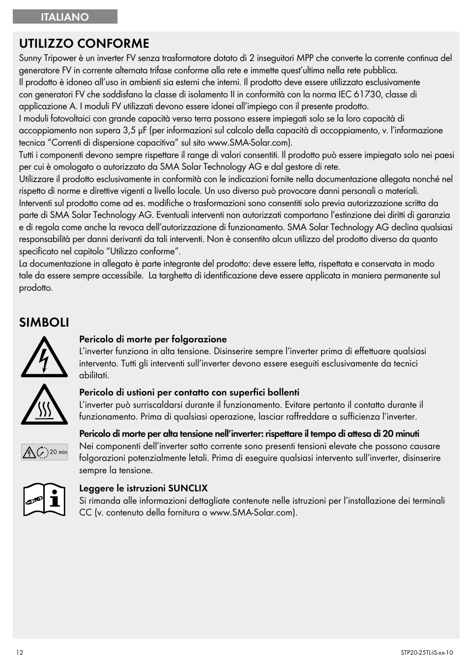 Utilizzo conforme, Simboli | SMA 20000TL Quick Installation Guide User Manual | Page 12 / 36
