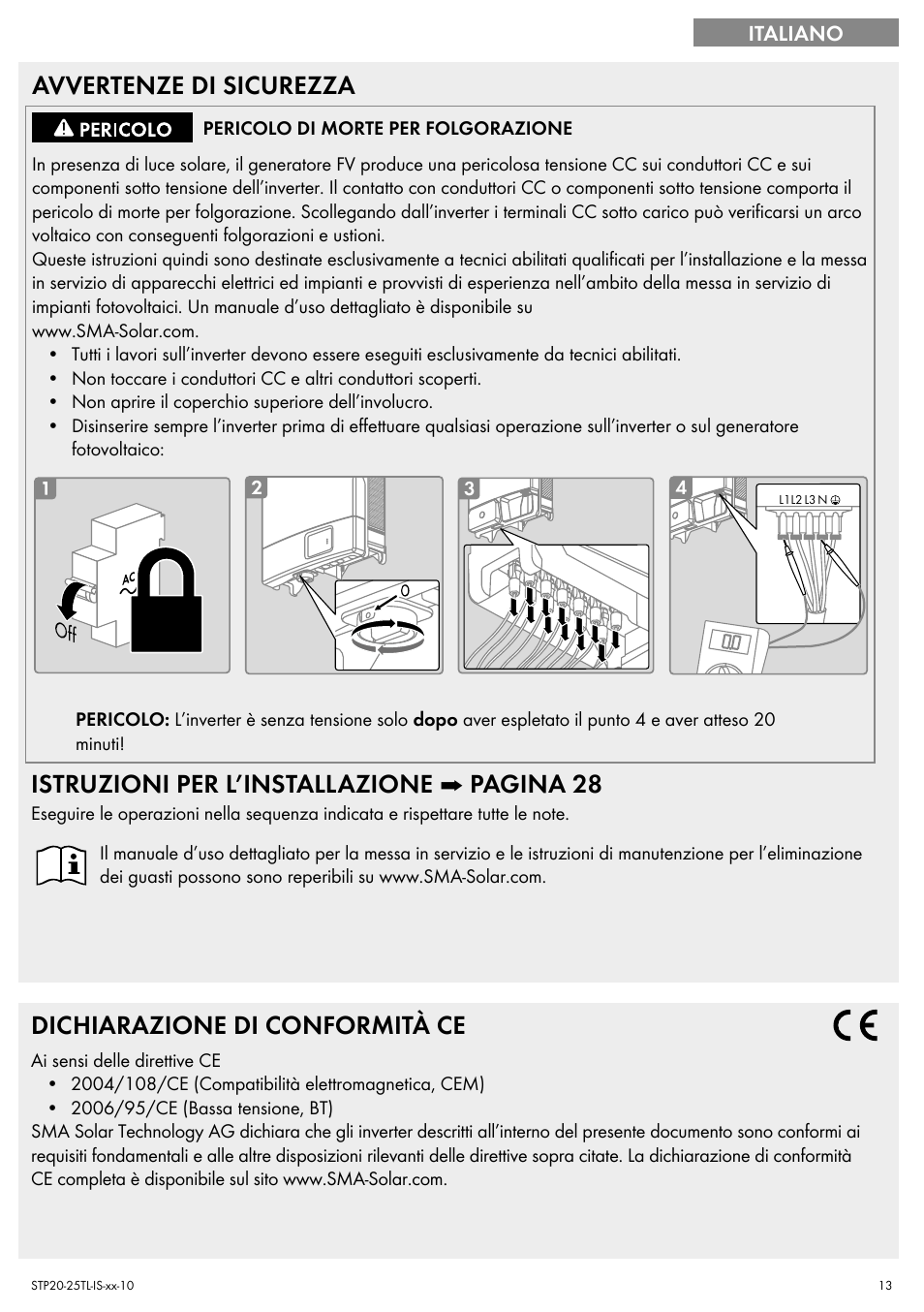 Avvertenze di sicurezza, Istruzioni per l’installazione ➡ pagina 28, Dichiarazione di conformità ce | SMA 20000TL Quick Installation Guide User Manual | Page 13 / 36