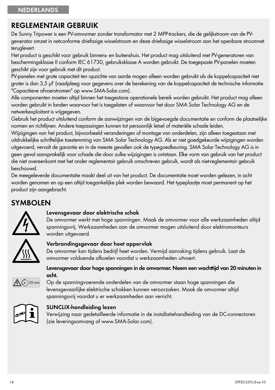 Reglementair gebruik, Symbolen | SMA 20000TL Quick Installation Guide User Manual | Page 14 / 36