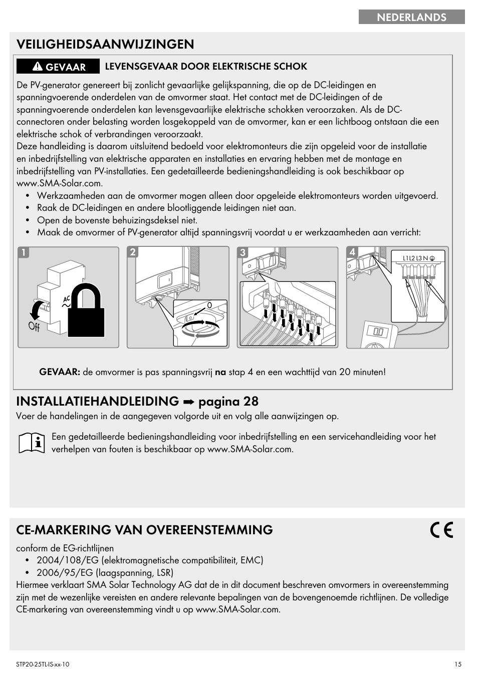 Veiligheidsaanwijzingen, Installatiehandleiding ➡ pagina 28, Ce-markering van overeenstemming | SMA 20000TL Quick Installation Guide User Manual | Page 15 / 36