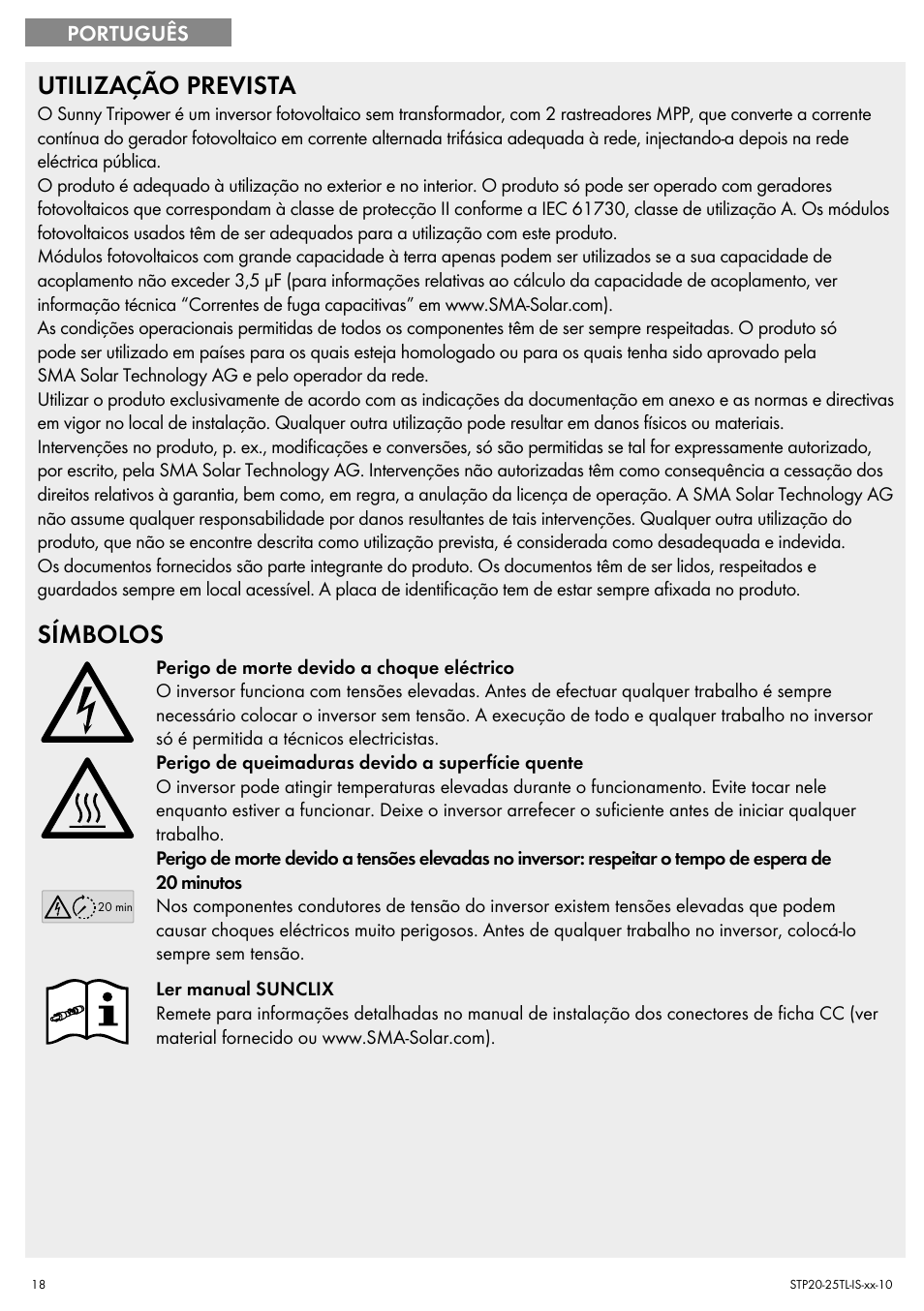 Utilização prevista, Símbolos | SMA 20000TL Quick Installation Guide User Manual | Page 18 / 36
