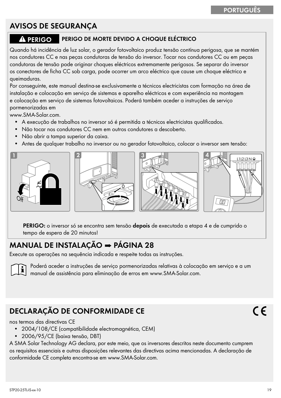 Avisos de segurança, Manual de instalação ➡ página 28, Declaração de conformidade ce | SMA 20000TL Quick Installation Guide User Manual | Page 19 / 36