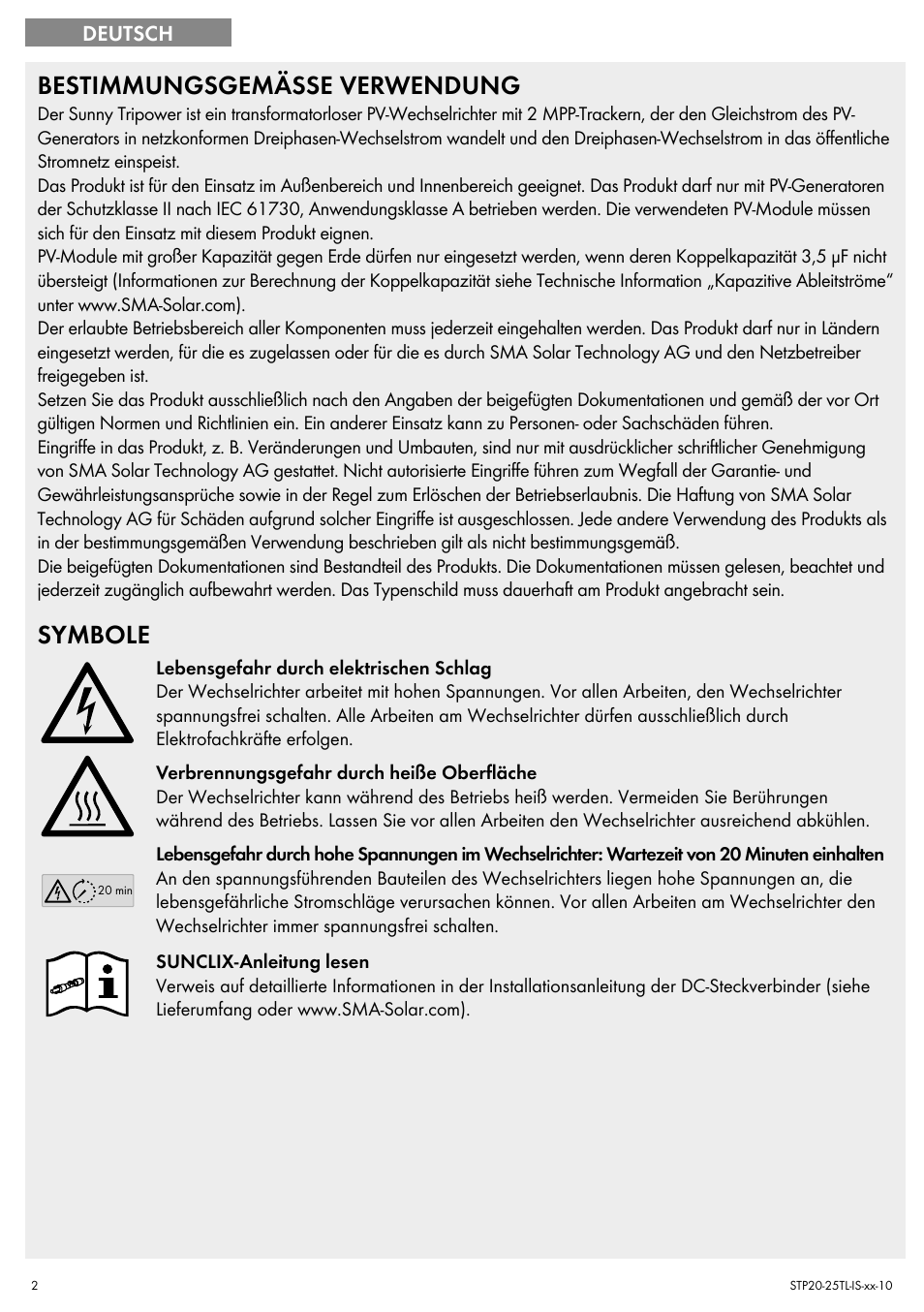 Bestimmungsgemässe verwendung, Symbole | SMA 20000TL Quick Installation Guide User Manual | Page 2 / 36