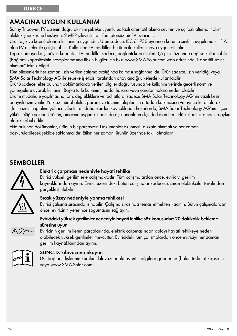 Amacina uygun kullanim, Semboller | SMA 20000TL Quick Installation Guide User Manual | Page 24 / 36