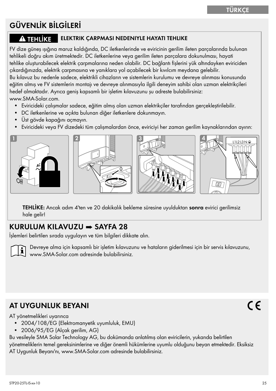 Güvenlik bilgileri, Kurulum kilavuzu ➡ sayfa 28, At uygunluk beyani | SMA 20000TL Quick Installation Guide User Manual | Page 25 / 36