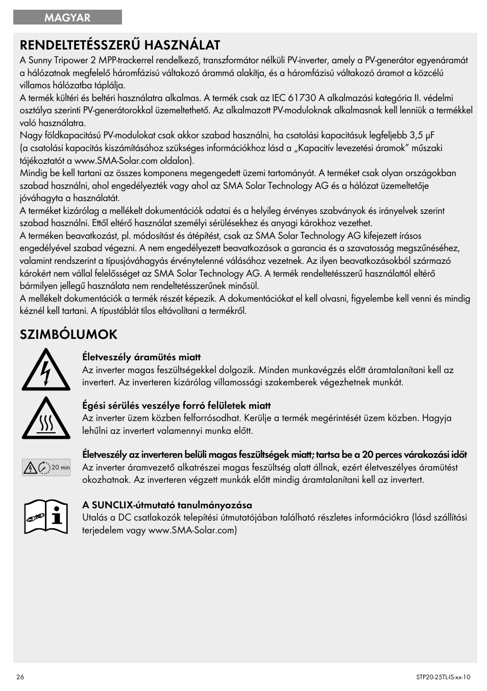 Rendeltetésszerű használat, Szimbólumok | SMA 20000TL Quick Installation Guide User Manual | Page 26 / 36
