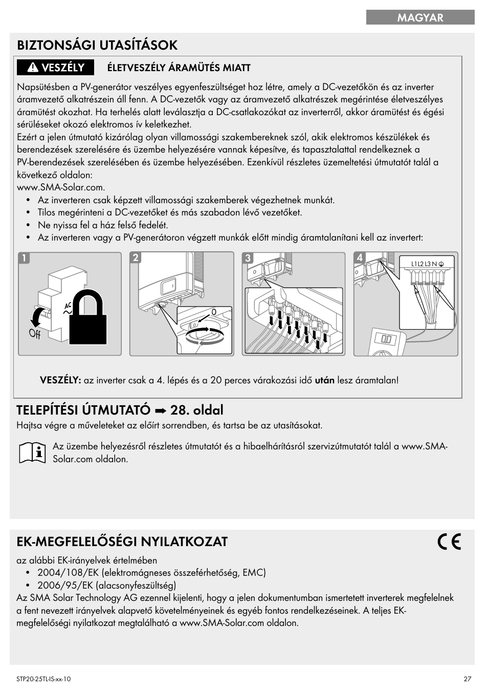 Biztonsági utasítások, Telepítési útmutató ➡ 28. oldal, Ek-megfelelőségi nyilatkozat | SMA 20000TL Quick Installation Guide User Manual | Page 27 / 36