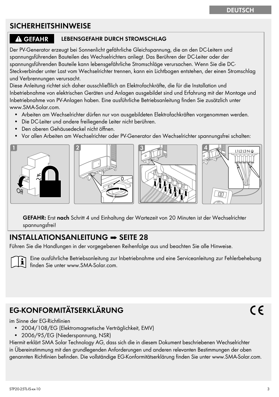 Sicherheitshinweise, Installationsanleitung ➡ seite 28, Eg-konformitätserklärung | SMA 20000TL Quick Installation Guide User Manual | Page 3 / 36
