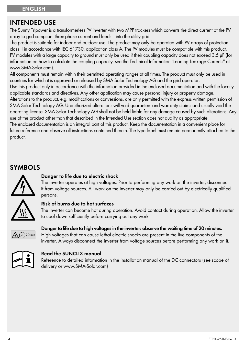 Intended use, Symbols | SMA 20000TL Quick Installation Guide User Manual | Page 4 / 36