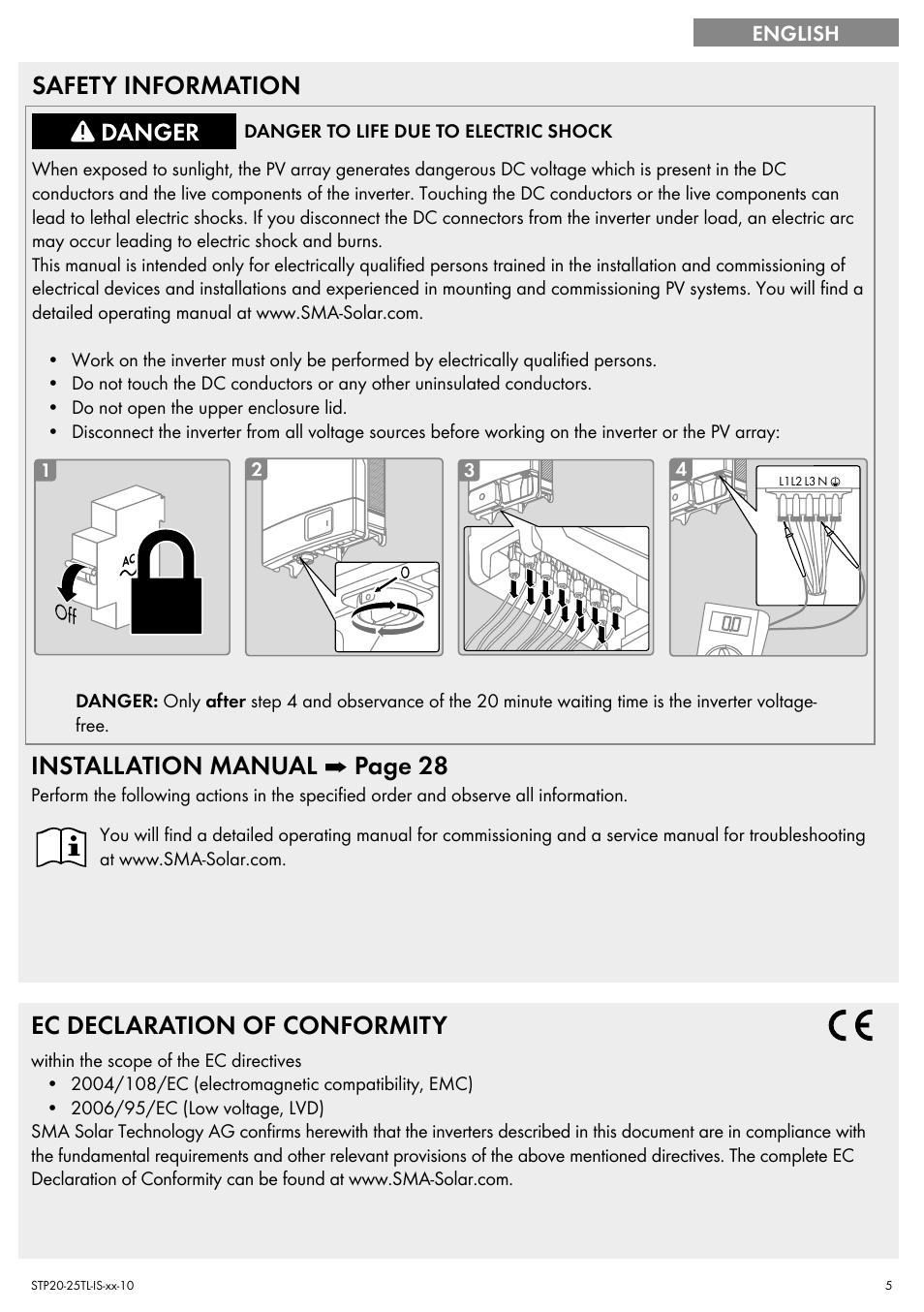 Safety information, Installation manual ➡ page 28, Ec declaration of conformity | SMA 20000TL Quick Installation Guide User Manual | Page 5 / 36