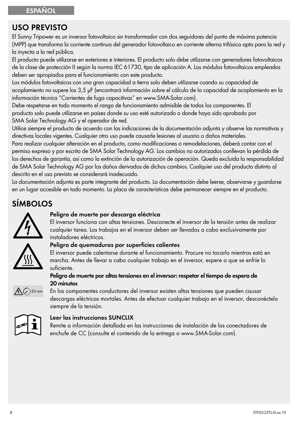 Uso previsto, Símbolos | SMA 20000TL Quick Installation Guide User Manual | Page 8 / 36