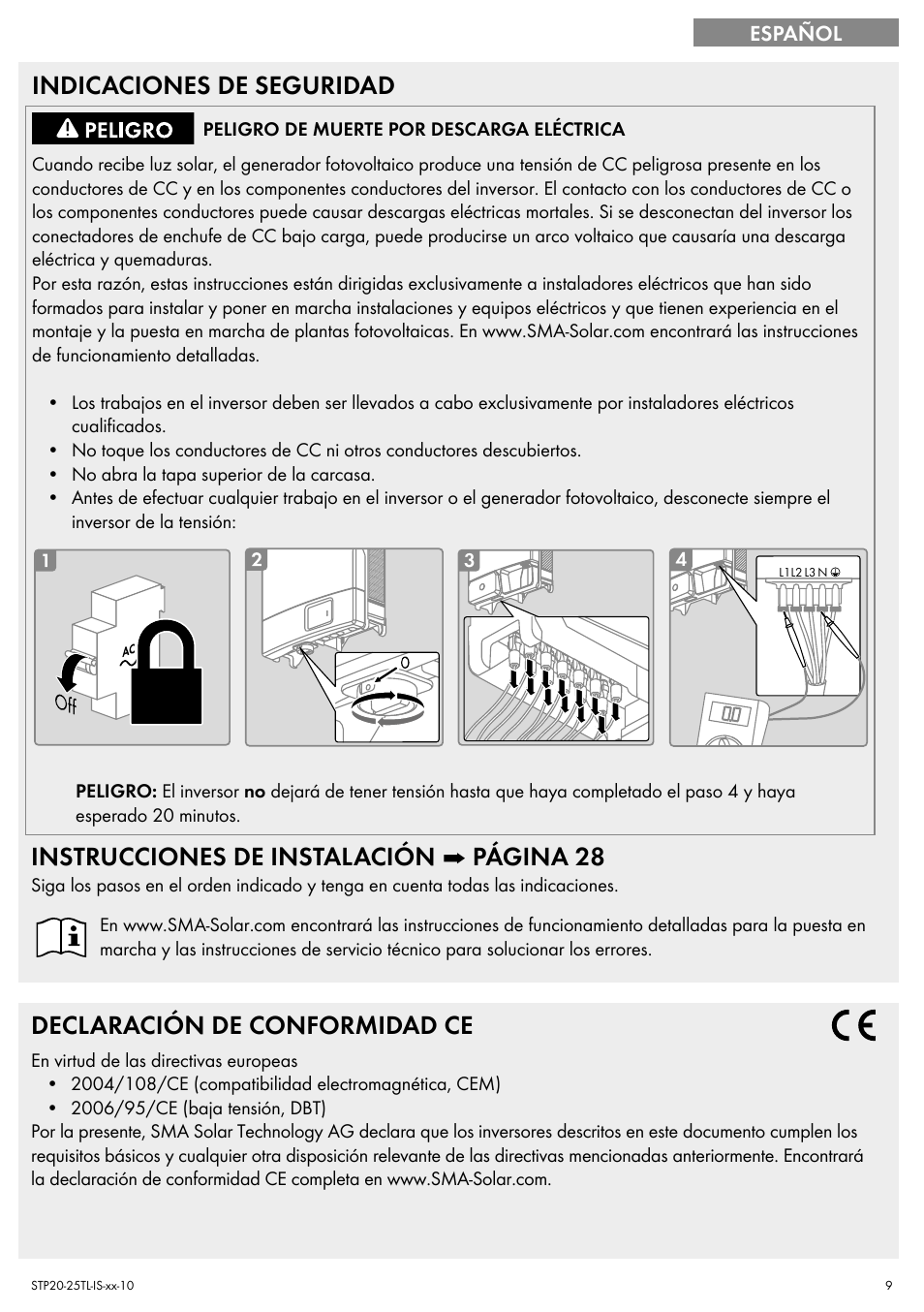 Indicaciones de seguridad, Instrucciones de instalación ➡ página 28, Declaración de conformidad ce | SMA 20000TL Quick Installation Guide User Manual | Page 9 / 36