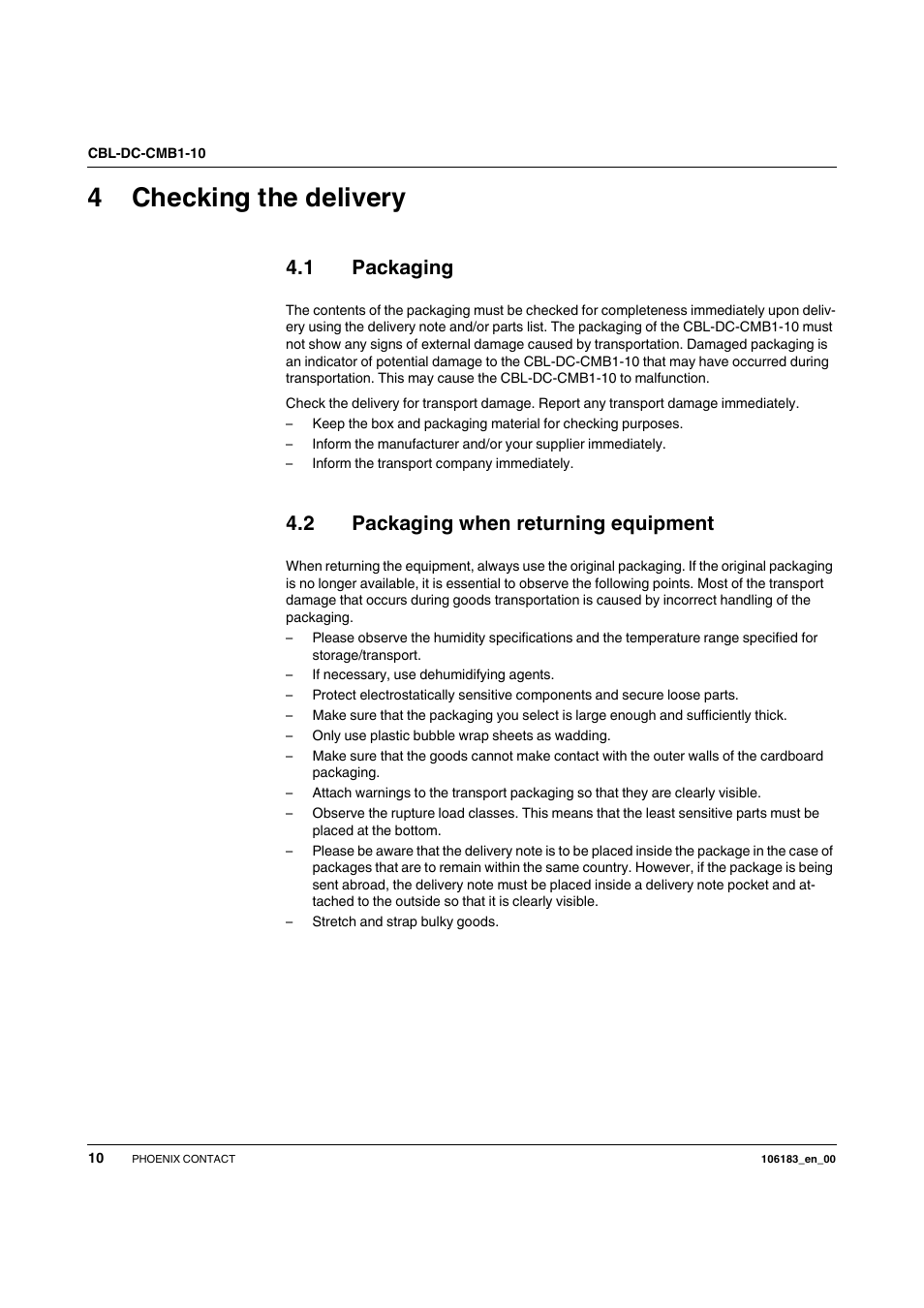 4 checking the delivery, 1 packaging, 2 packaging when returning equipment | Checking the delivery, Packaging, Packaging when returning equipment, 4checking the delivery | SMA CBL-DC-CMB1-10 User Manual | Page 10 / 24