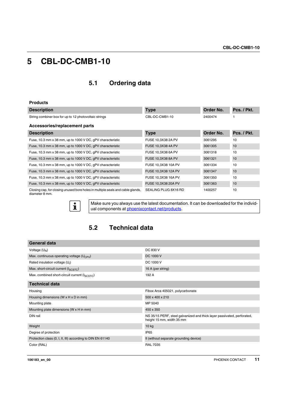 5 cbl-dc-cmb1-10, 1 ordering data, Products | Accessories/replacement parts, 2 technical data, General data, Technical data, Cbl-dc-cmb1-10, Ordering data, 5cbl-dc-cmb1-10 | SMA CBL-DC-CMB1-10 User Manual | Page 11 / 24