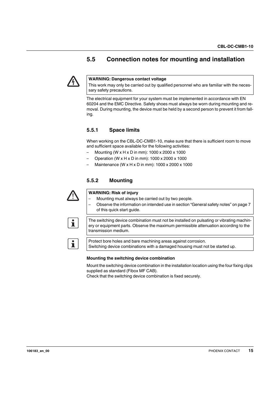 5 connection notes for mounting and installation, 1 space limits, 2 mounting | Connection notes for mounting and installation, Space limits, Mounting | SMA CBL-DC-CMB1-10 User Manual | Page 15 / 24