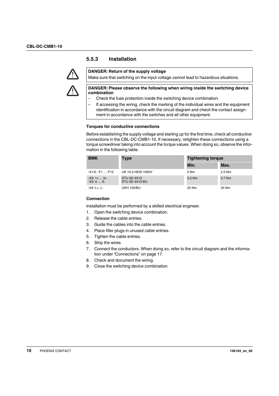 3 installation, Type, Tightening torque | Installation | SMA CBL-DC-CMB1-10 User Manual | Page 16 / 24