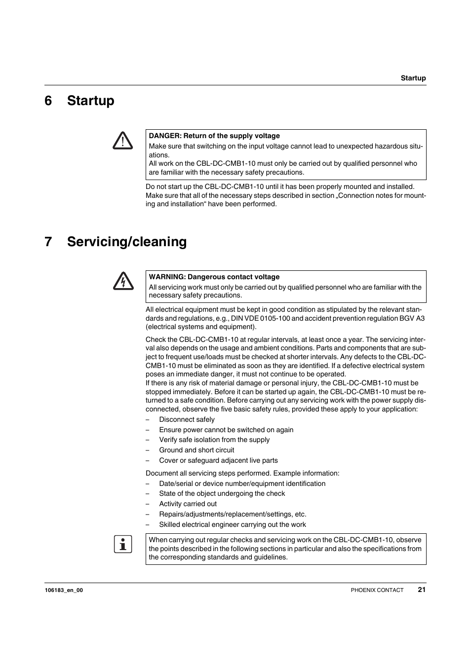 6 startup, 7 servicing/cleaning, Startup | Servicing/cleaning, 6startup, 7servicing/cleaning | SMA CBL-DC-CMB1-10 User Manual | Page 21 / 24