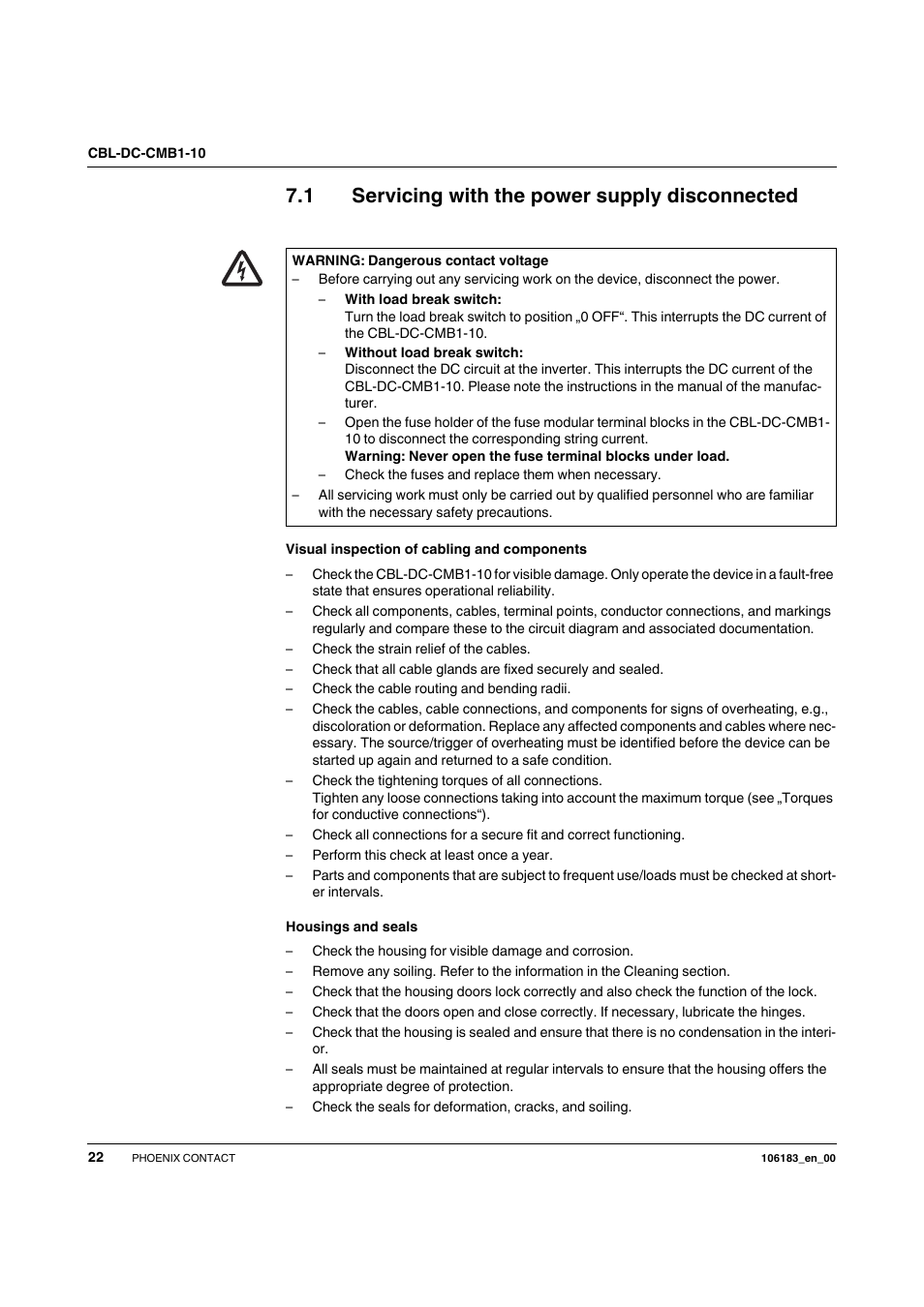 1 servicing with the power supply disconnected, Servicing with the power supply disconnected | SMA CBL-DC-CMB1-10 User Manual | Page 22 / 24