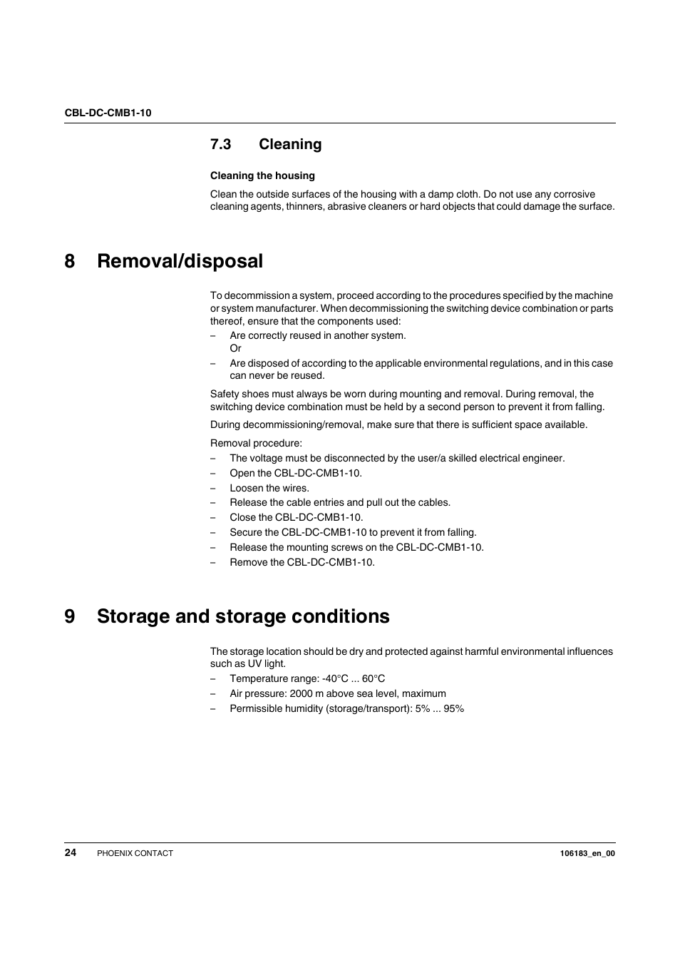 3 cleaning, 8 removal/disposal, 9 storage and storage conditions | Cleaning, Removal/disposal, Storage and storage conditions, 8removal/disposal, 9storage and storage conditions | SMA CBL-DC-CMB1-10 User Manual | Page 24 / 24