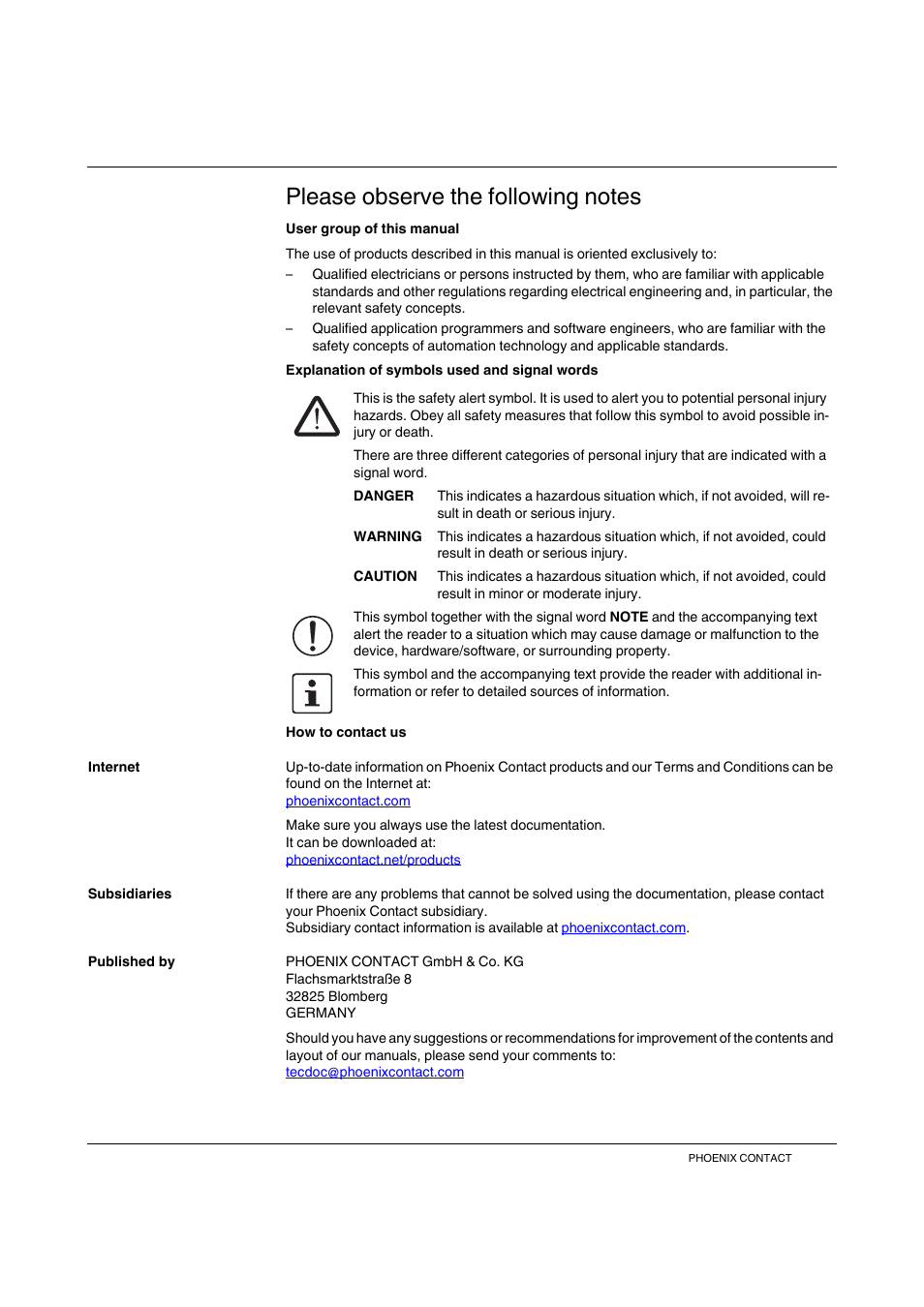 Please observe the following notes, User group of this manual, Explanation of symbols used and signal words | How to contact us | SMA CBL-DC-CMB1-10 User Manual | Page 3 / 24