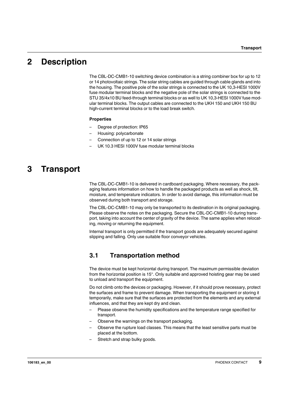 2 description, 3 transport, 1 transportation method | Description, Transport, Transportation method, 2description, 3transport | SMA CBL-DC-CMB1-10 User Manual | Page 9 / 24