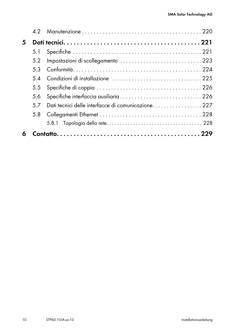 5 dati tecnici, 6 contatto, 2 manutenzione | SMA STP 60-US-10 Installation User Manual | Page 10 / 232