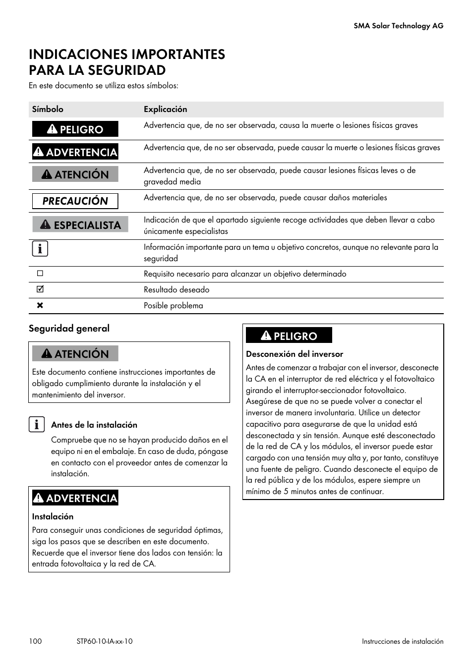 Indicaciones importantes para la seguridad | SMA STP 60-US-10 Installation User Manual | Page 100 / 232