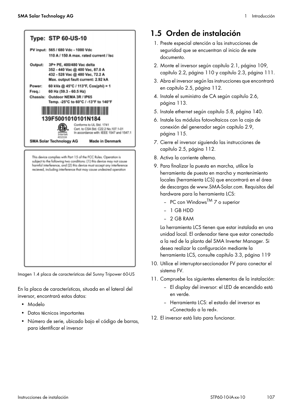 5 orden de instalación | SMA STP 60-US-10 Installation User Manual | Page 107 / 232