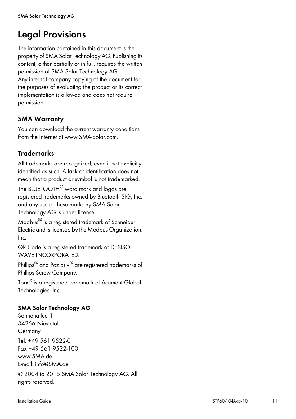 Legal provisions | SMA STP 60-US-10 Installation User Manual | Page 11 / 232