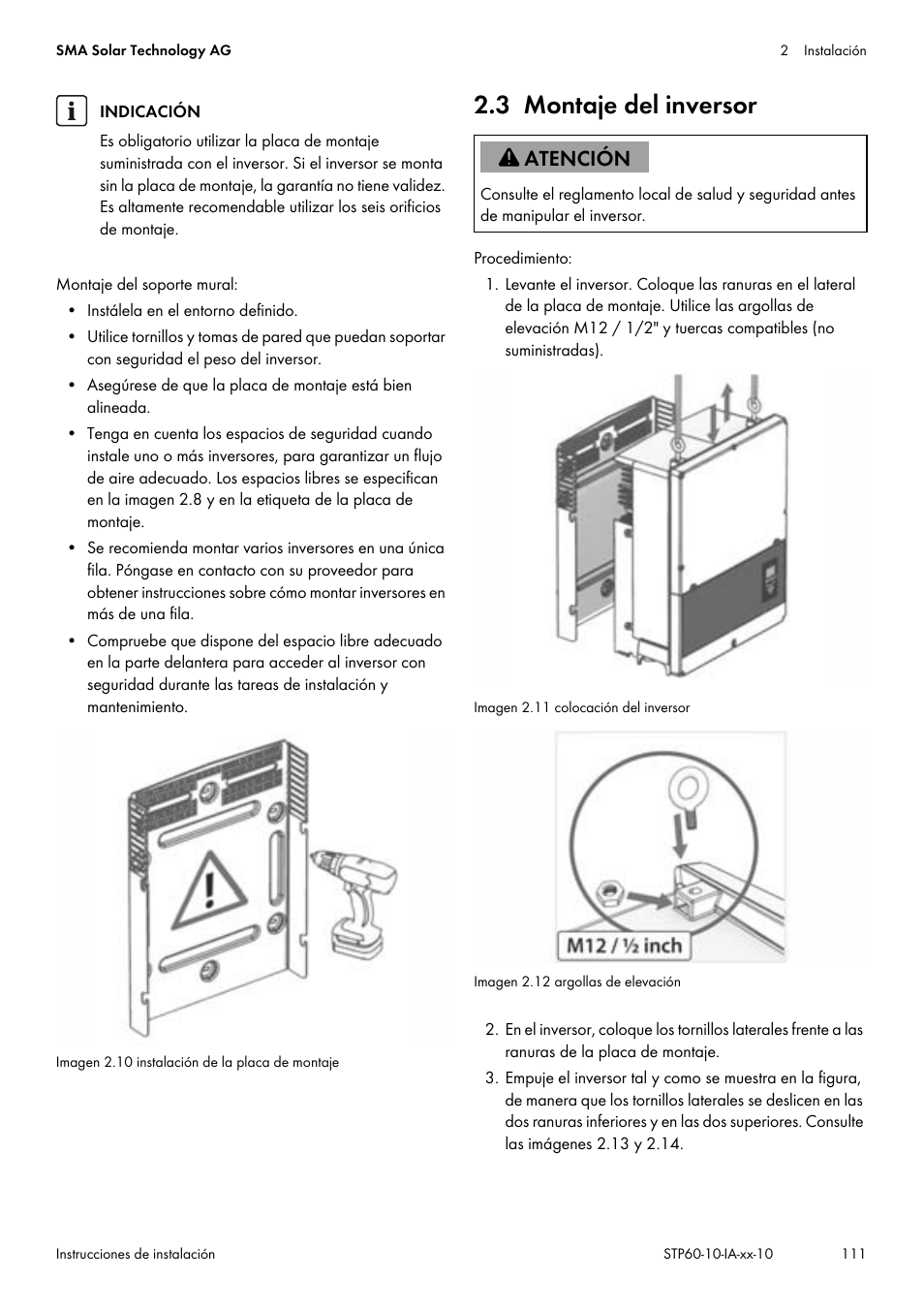 3 montaje del inversor | SMA STP 60-US-10 Installation User Manual | Page 111 / 232