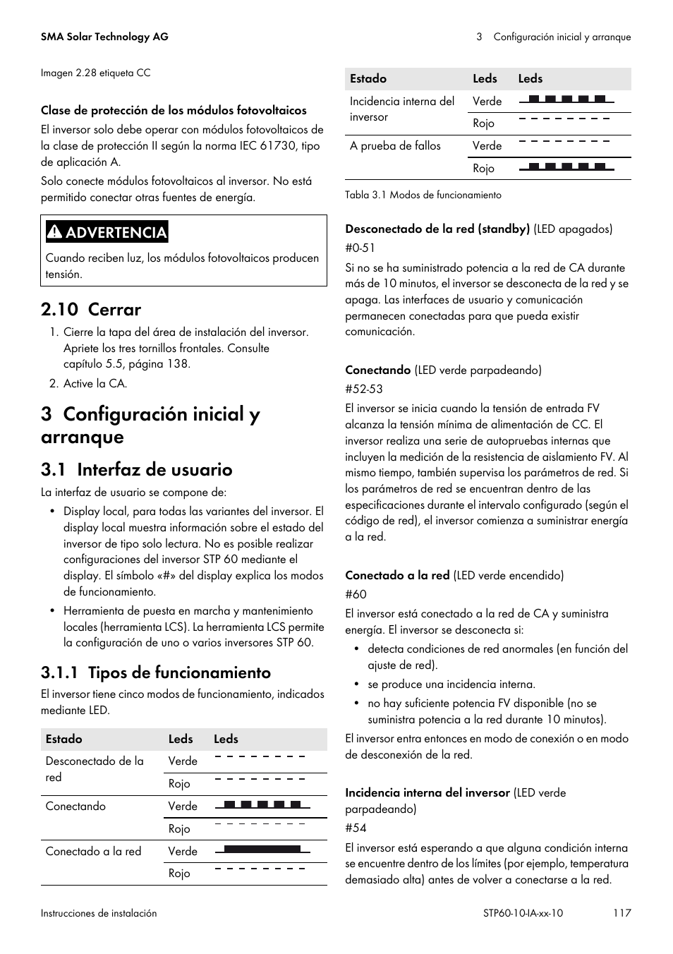 10 cerrar, 3 configuración inicial y arranque, 1 interfaz de usuario | 1 tipos de funcionamiento | SMA STP 60-US-10 Installation User Manual | Page 117 / 232