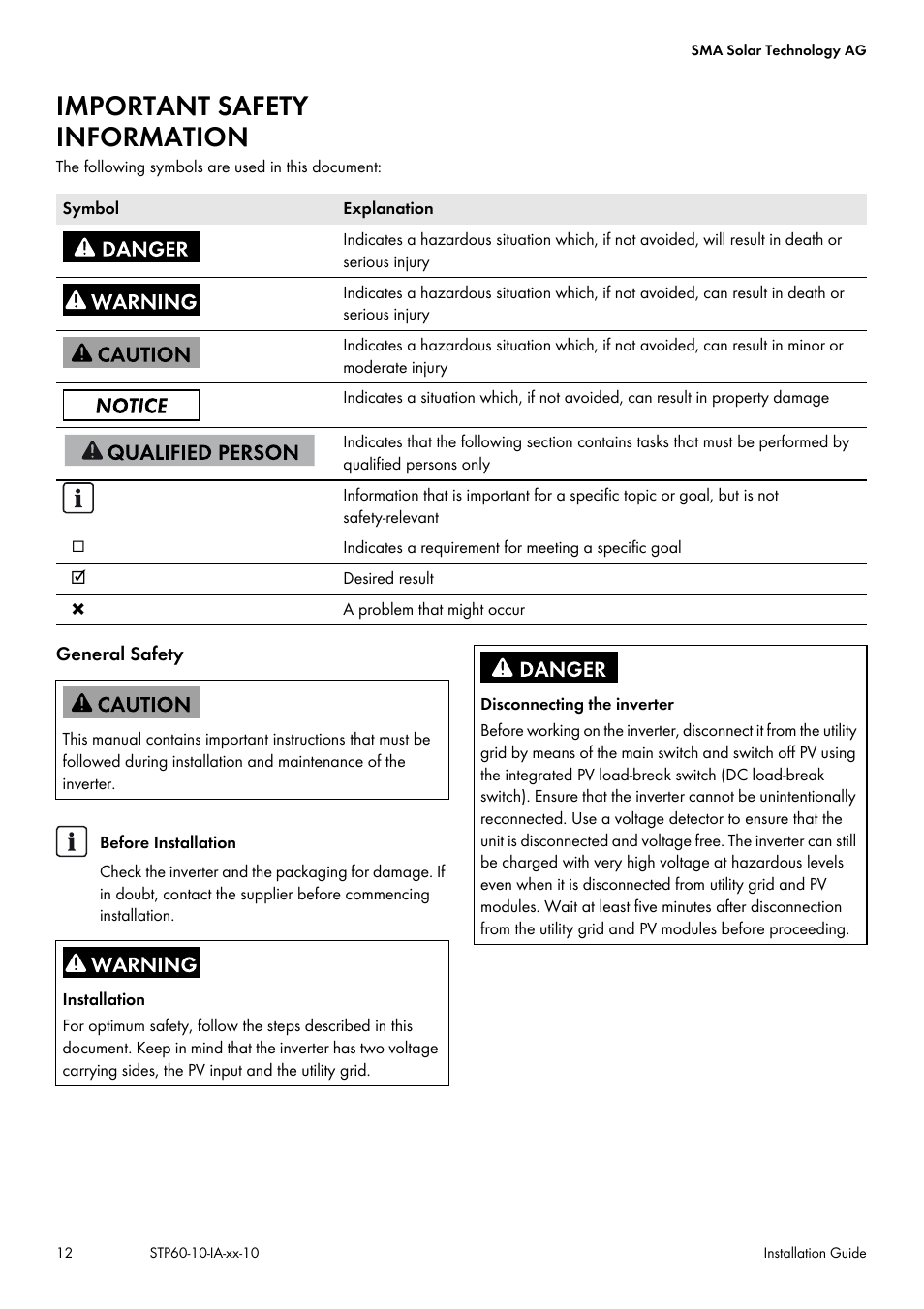 Important safety information | SMA STP 60-US-10 Installation User Manual | Page 12 / 232