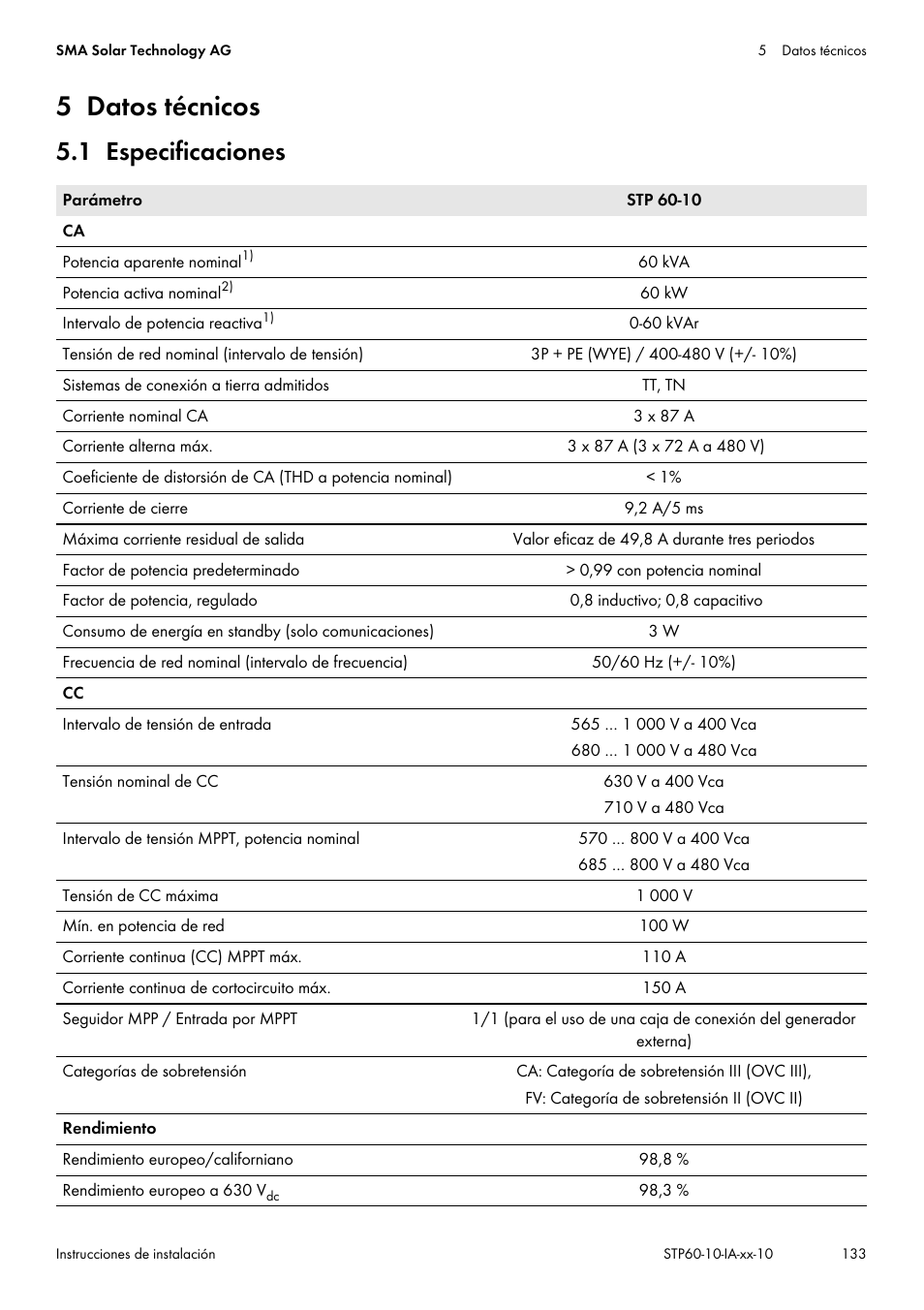 5 datos técnicos, 1 especificaciones | SMA STP 60-US-10 Installation User Manual | Page 133 / 232