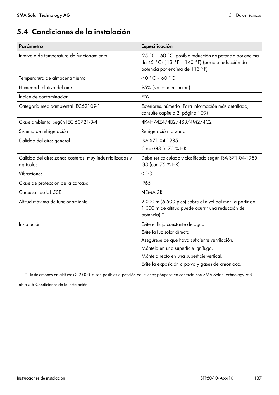 4 condiciones de la instalación | SMA STP 60-US-10 Installation User Manual | Page 137 / 232