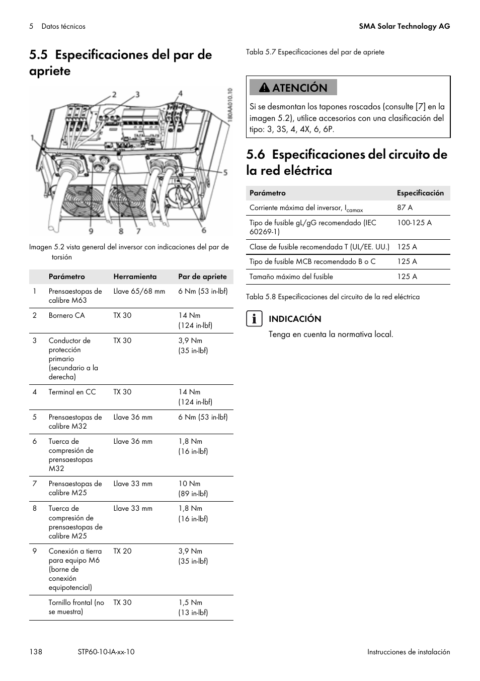 5 especificaciones del par de apriete | SMA STP 60-US-10 Installation User Manual | Page 138 / 232