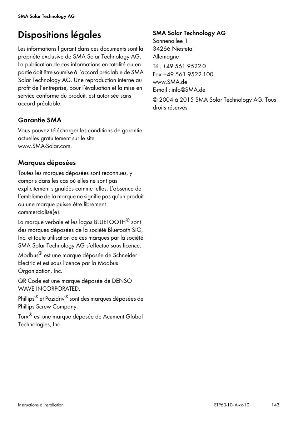 Dispositions légales | SMA STP 60-US-10 Installation User Manual | Page 143 / 232