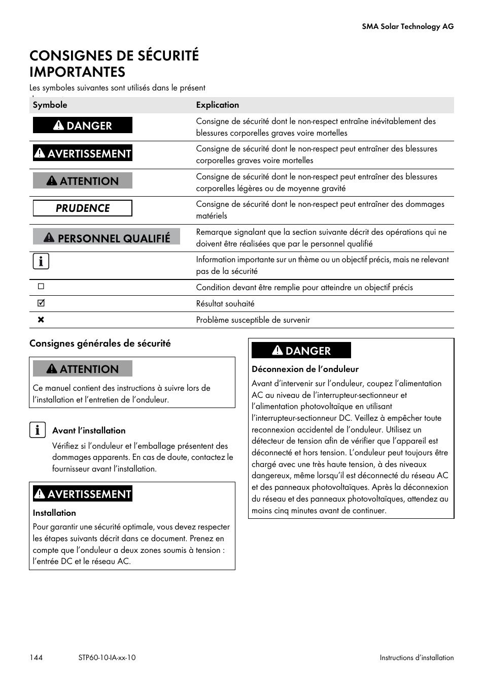 Consignes de sécurité importantes | SMA STP 60-US-10 Installation User Manual | Page 144 / 232